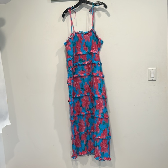 SHOW ME YOUR MUMU Stella Smocked hot pink blue Midi Dress size 2X plus new w tag - Picture 6 of 9